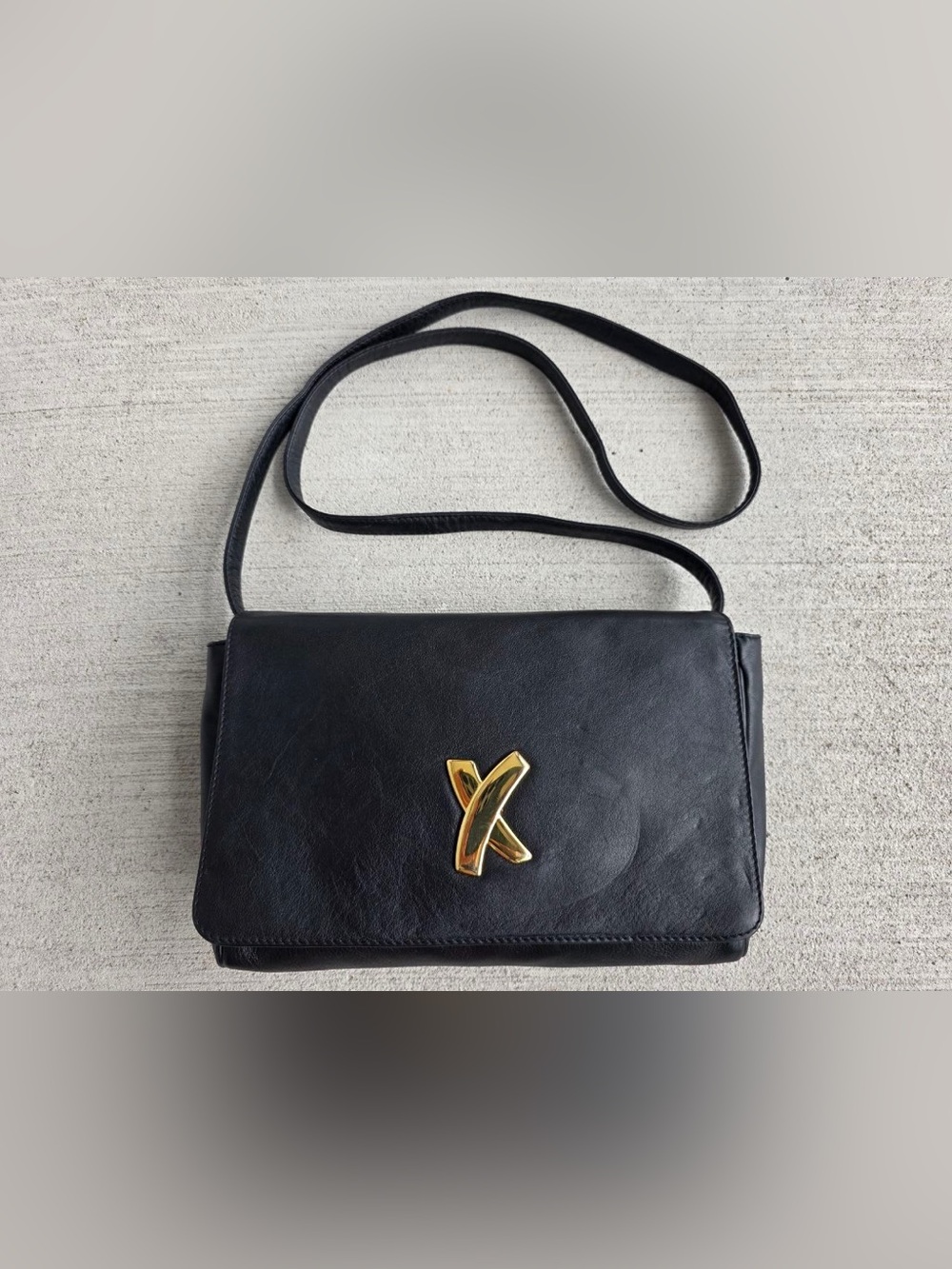 Vintage Paloma Picasso Black Leather Crossbody Shoulder Bag Gold- Made In Italy